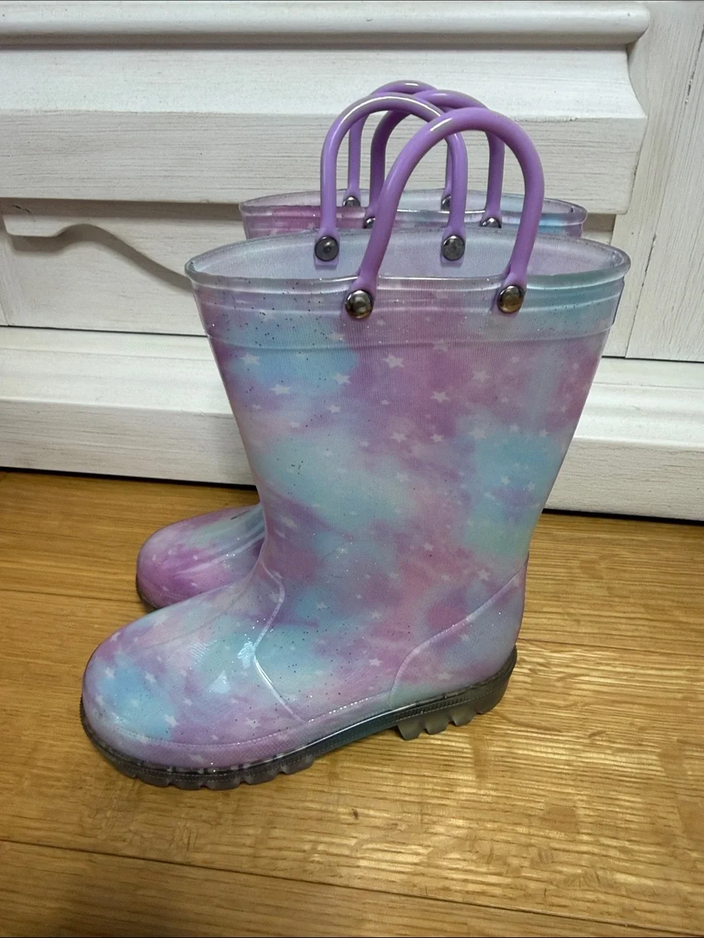 Kids Pastel Galaxy Rain Boots with Purple Handles